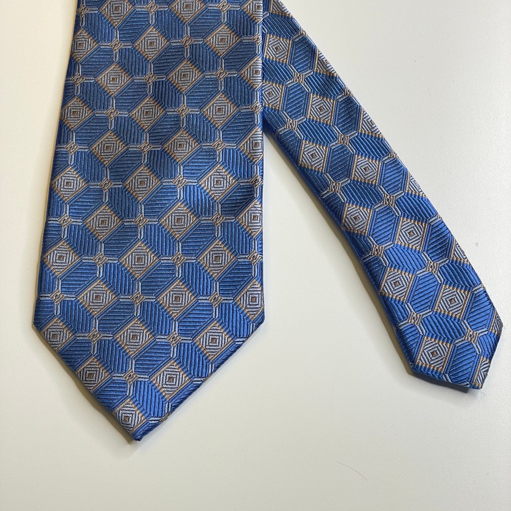 Bruno Piattelli Luxury‎ Vintage Necktie Mens Blue Gray Silk Geometric 57.5" Work